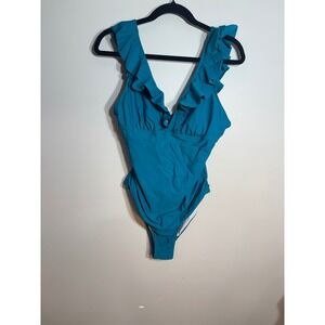 Cupshe Teal‎ One Piece Swimsuit Ruffle V Neck Lace Up Back Size L